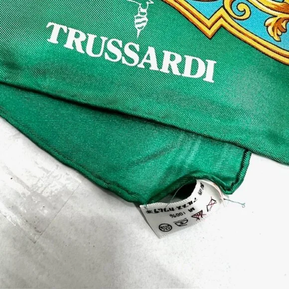 Unused TRUSSARDI 100% SILK Lg SCARF 34" Teal Green Gold Glass Purple (40 - Picture 8 of 13